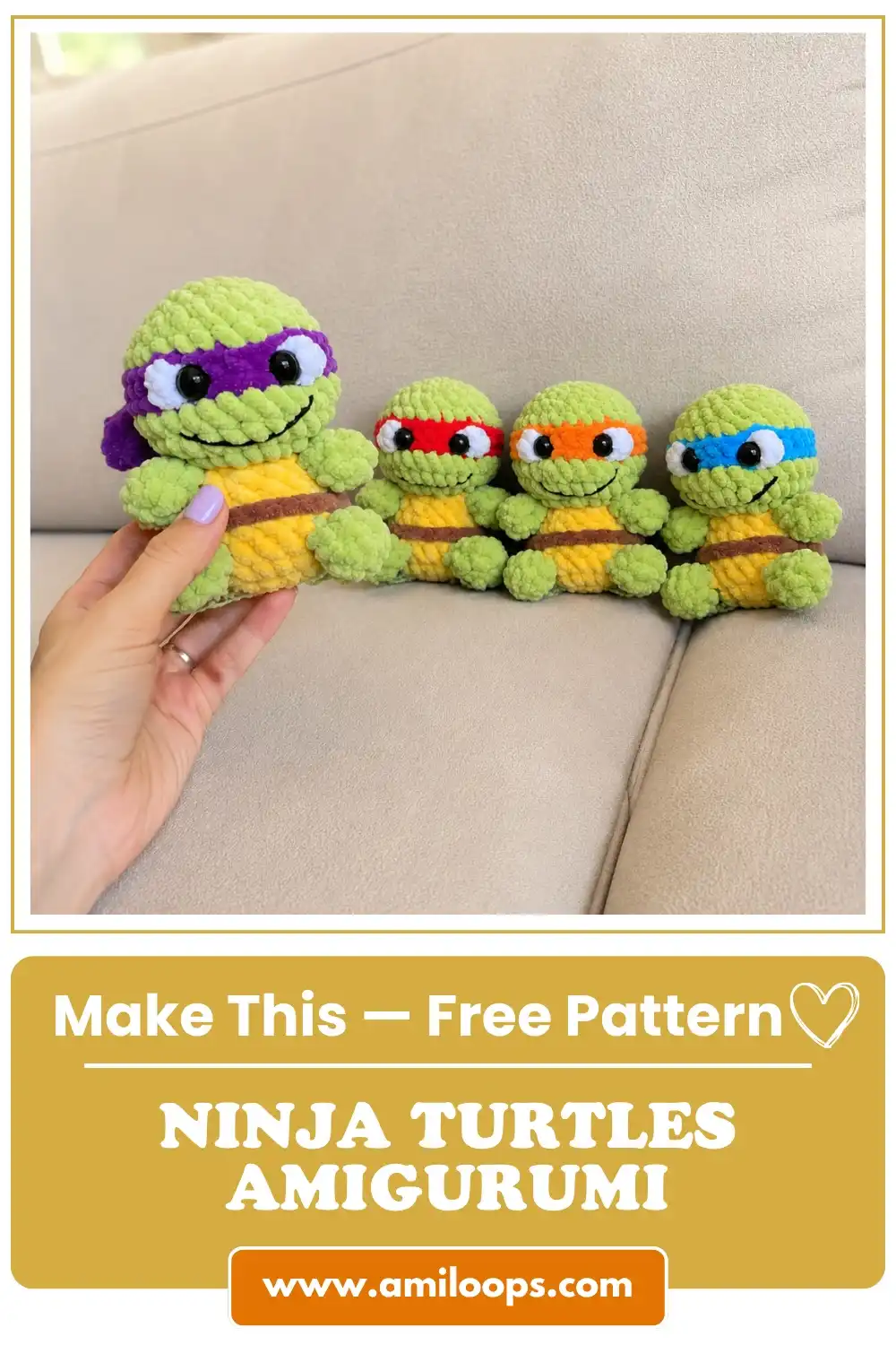 A hand holds a purple-masked toy from a teenage mutant ninja turtles amigurumi free pattern over a beige couch.