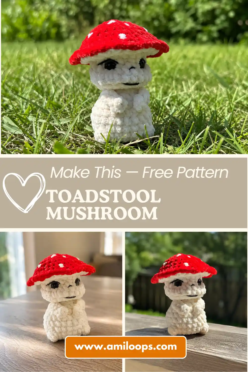 White and red toadstool mushroom amigurumi pattern made with chenille yarn sitting in sunny green grass.