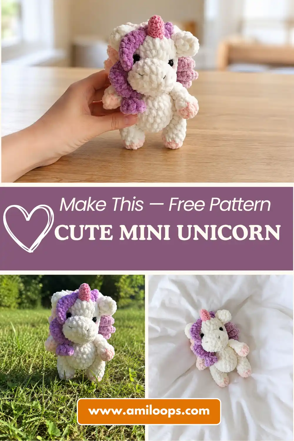 Hand holding a white chunky yarn toy with purple mane from our mini unicorn crochet pattern free, blurred background.