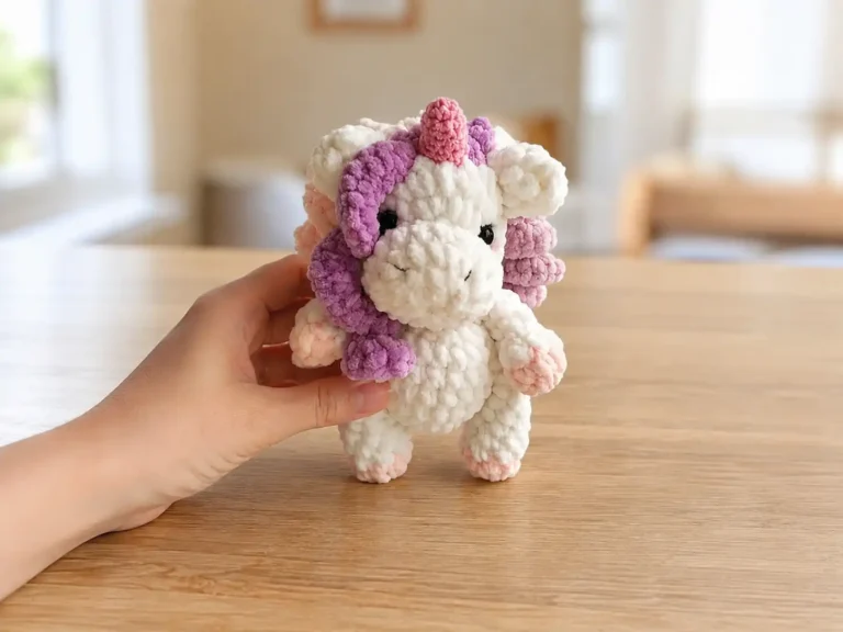 A white crochet mini unicorn amigurumi with a purple mane and pink horn, held in a hand.