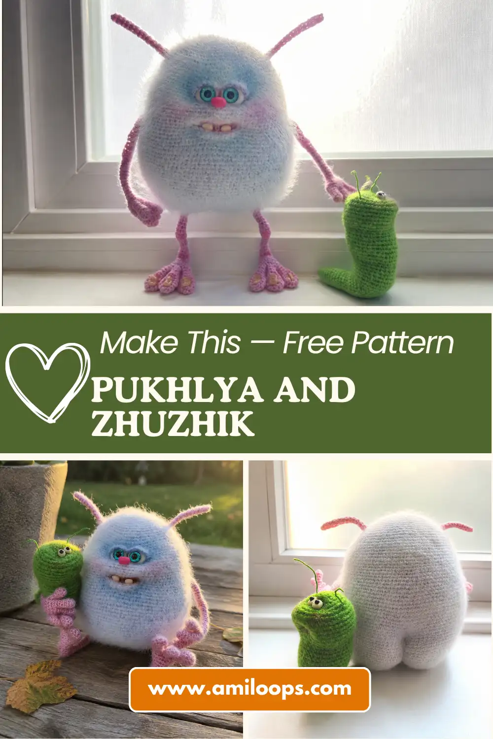A portrait photo of the fluffy blue monster holding the small green grub on a weathered wooden table at sunset, Pukhlya and Zhuzhik amigurumi pattern free.