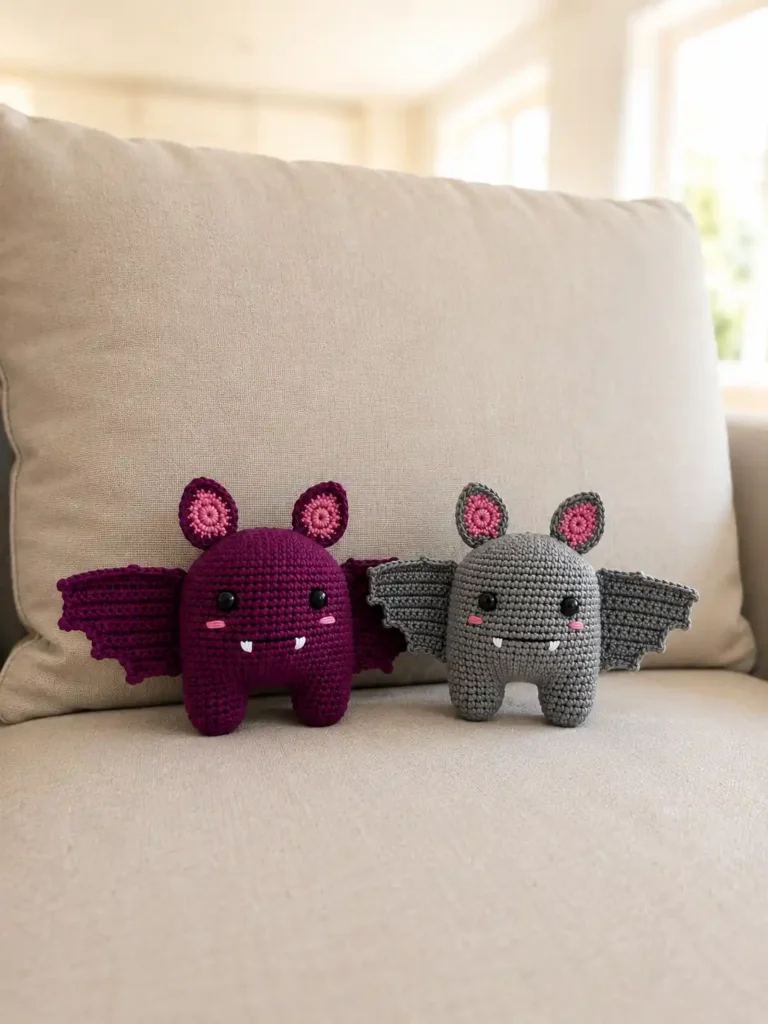 Deep plum purple and soft gray crocheted bat amigurumi plushies sitting upright side by side against a beige pillow on a cozy couch.