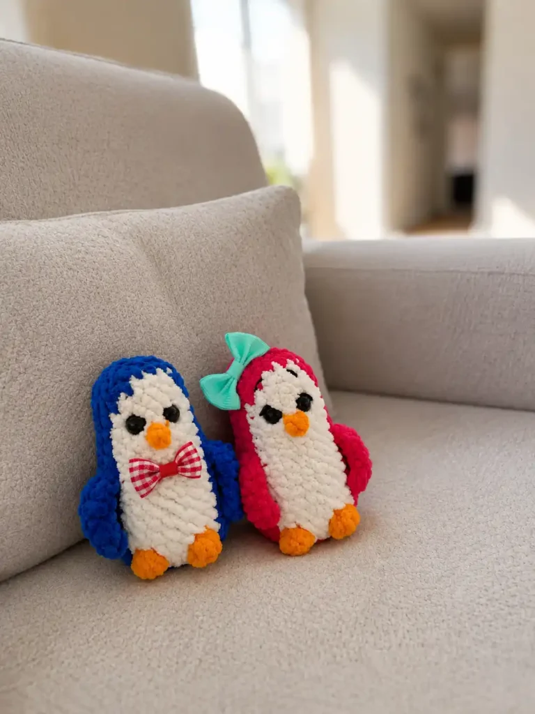 A blue and a pink chenille amigurumi penguin displaying cute bows sitting on a beige couch cushion.