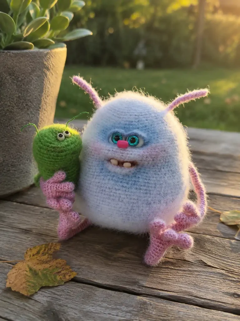 Fluffy blue yarn monster holding a green caterpillar outdoors, showing the pukhlya and zhuzhik amigurumi pattern free.