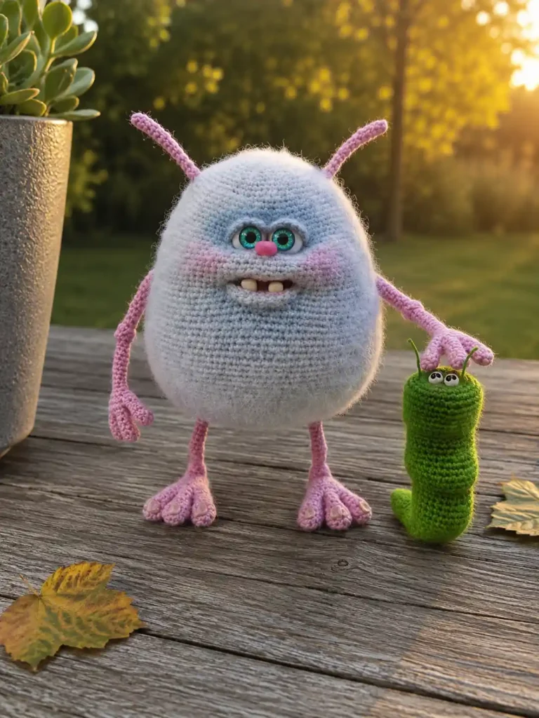 Blue yarn monster patting a green caterpillar on a wood table, featuring the pukhlya and zhuzhik amigurumi pattern free.
