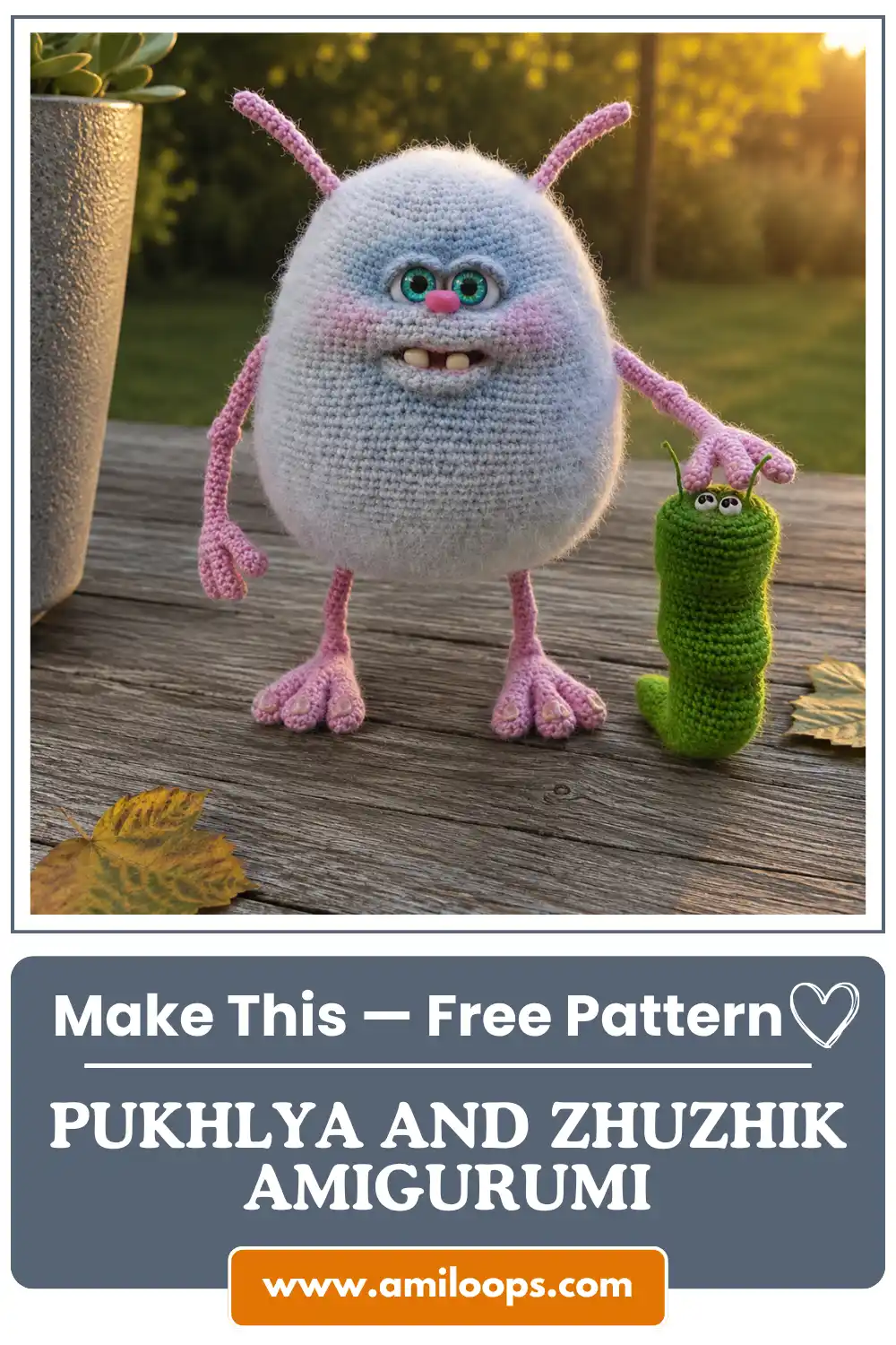 A portrait photo of the fluffy blue monster holding the small green grub on a weathered wooden table at sunset, Pukhlya and Zhuzhik amigurumi pattern free.