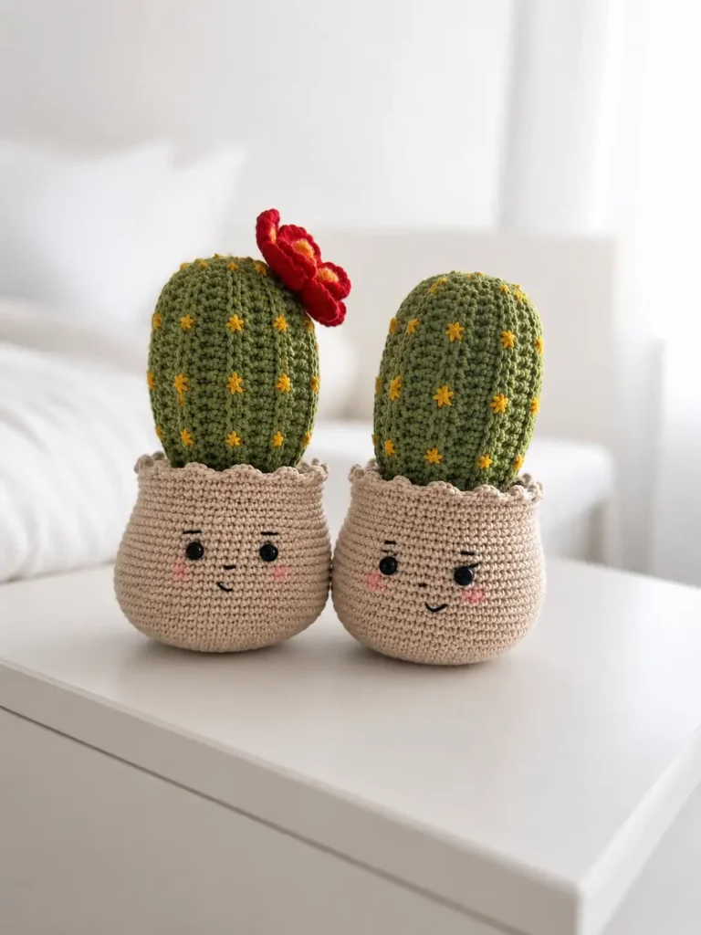 Two cute amigurumi cacti from a crochet cactus toy free pattern sitting on a white bedside table.
