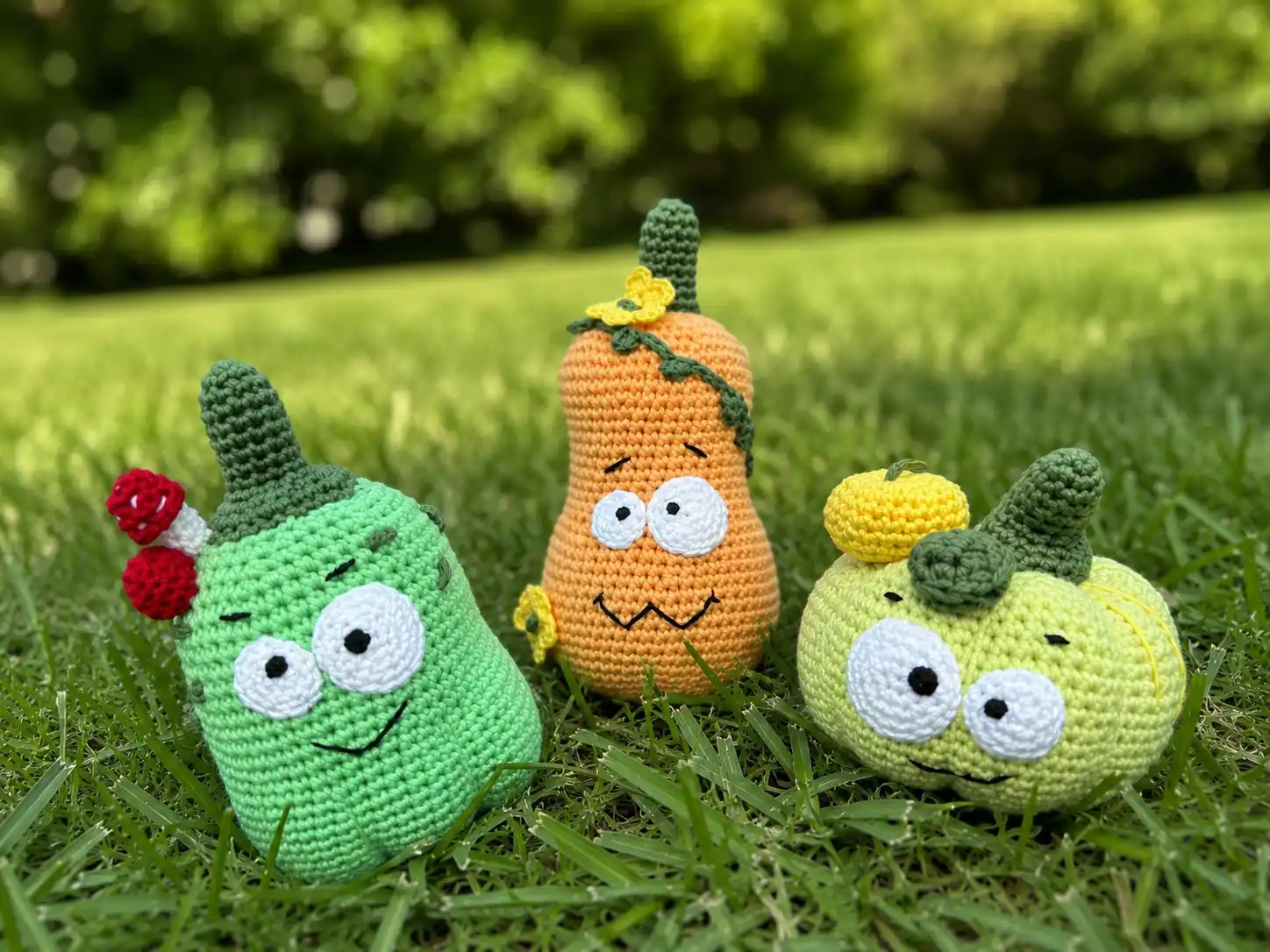 Three crochet amigurumi pumpkins in green, mint, and orange with cartoon eyes, held in a hand outdoors.