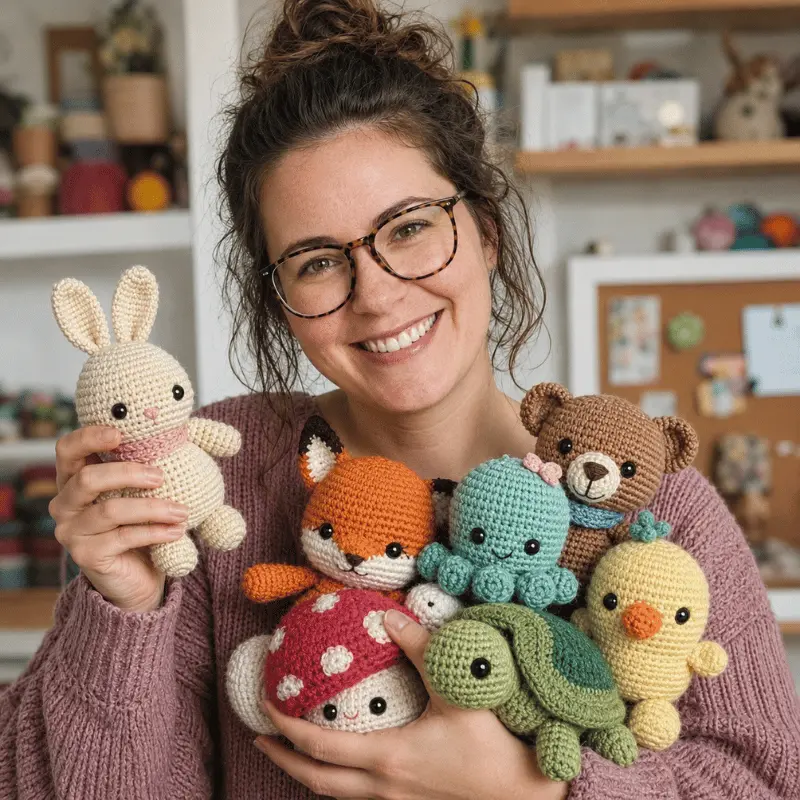Sophie from AmiLoops holding a colorful collection of handmade crochet amigurumi animals.