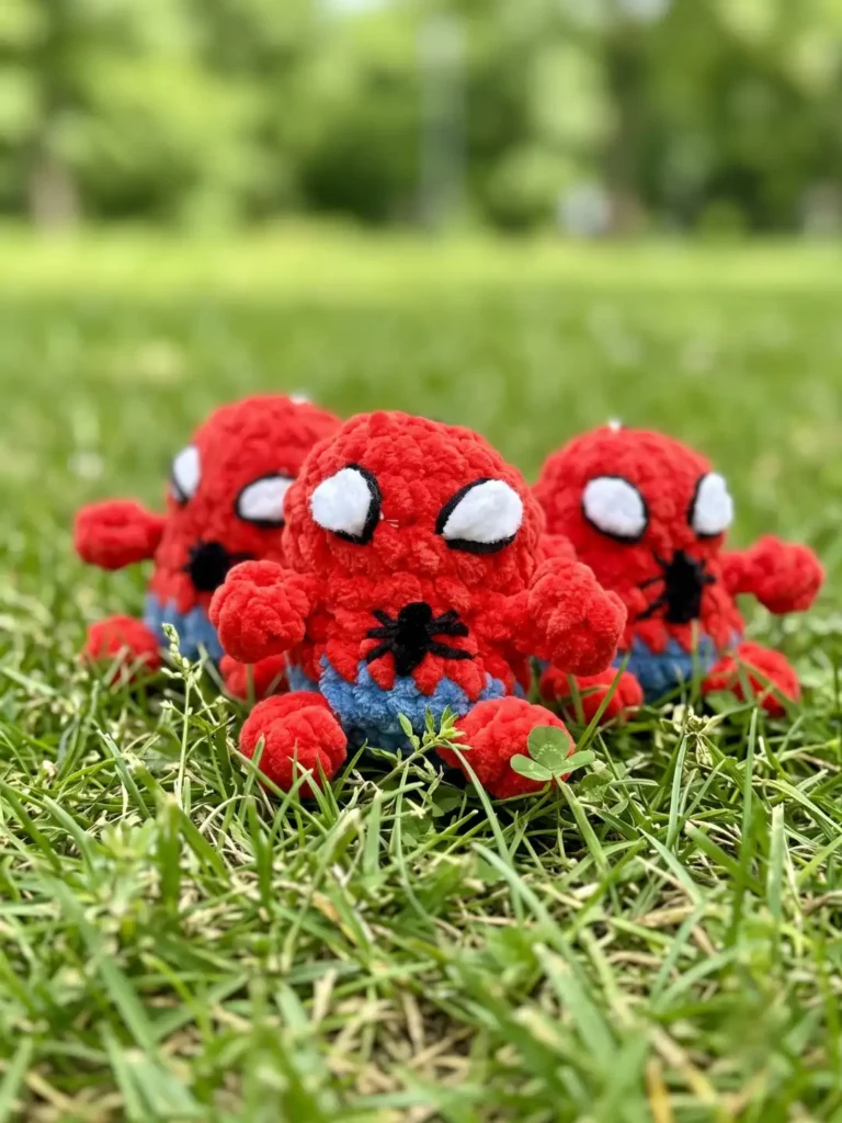 Three red and blue chenille toys from a spiderman amigurumi keychain free pattern sitting on bright green grass.