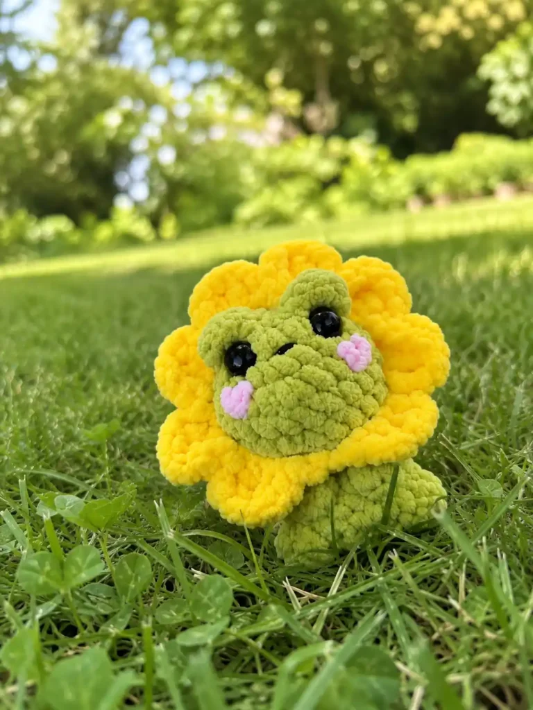 The green chenille mini frog crochet pattern with yellow petals sitting outside in bright green grass under sunlight.