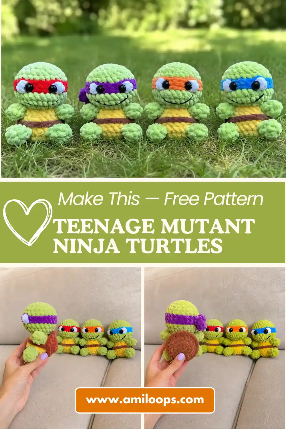 A hand holds a purple-masked toy from a teenage mutant ninja turtles amigurumi free pattern over a beige couch.