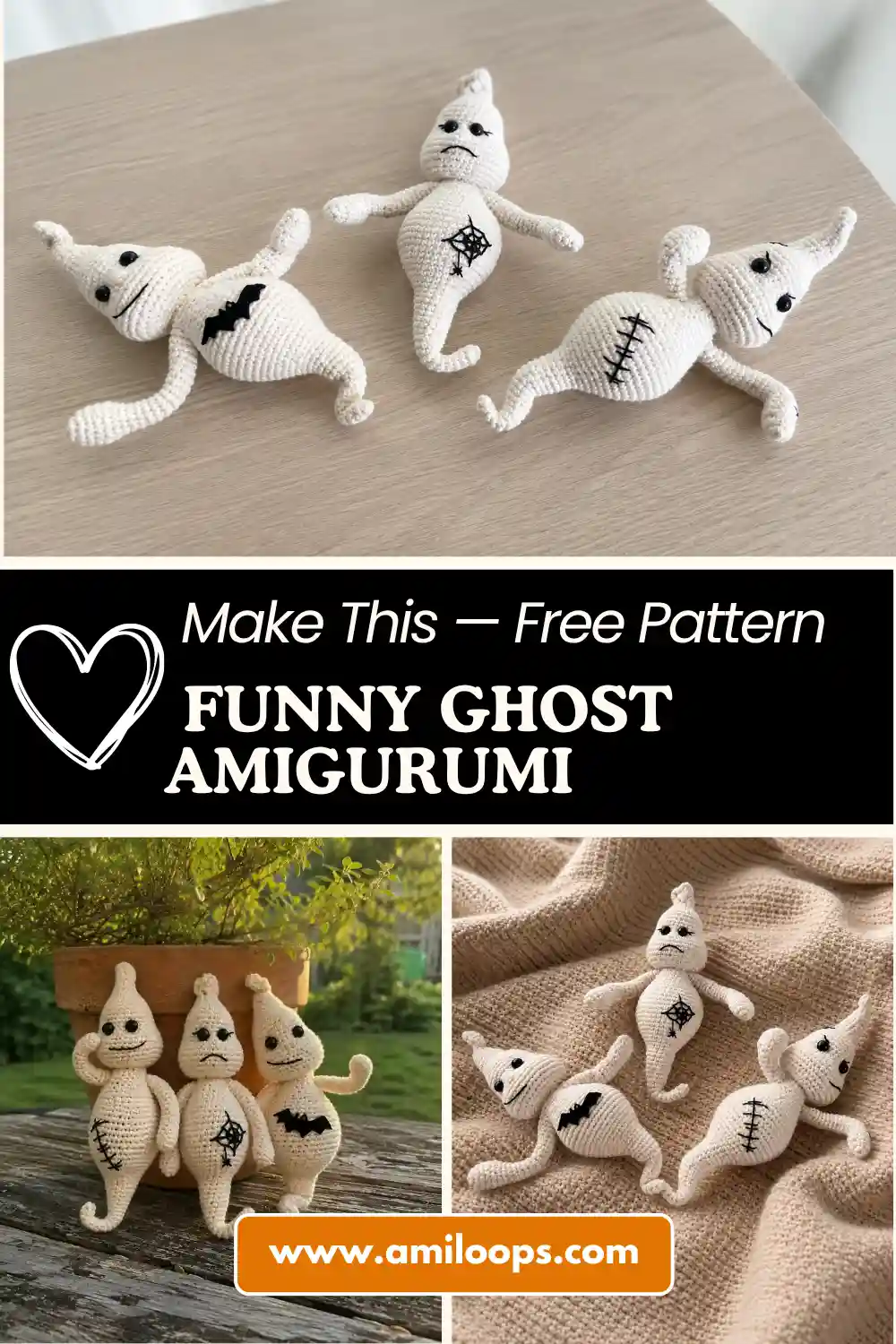 Flat lay of three cream yarn toys from a funny ghost amigurumi free pattern on a wood table, showing bat and web designs.