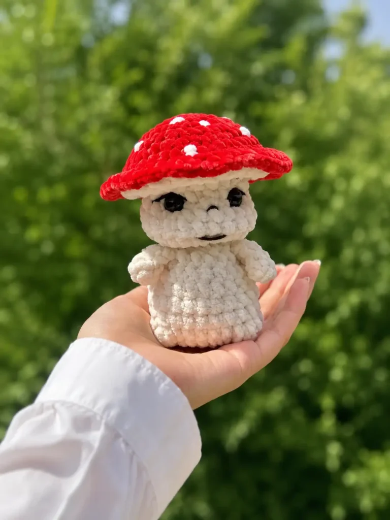 Hand holding a red and white toadstool mushroom amigurumi pattern in plush yarn against a background of green leaves.