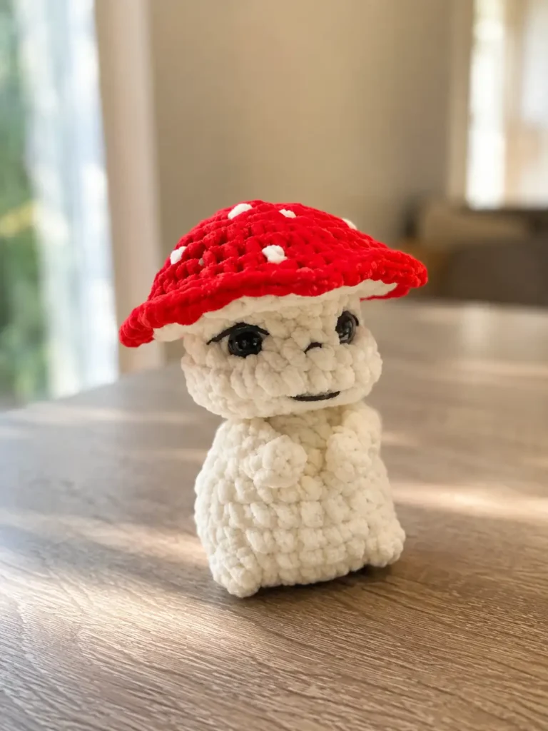Cream and red toadstool mushroom amigurumi pattern in chenille yarn sitting on an indoor wooden table in sunlight.