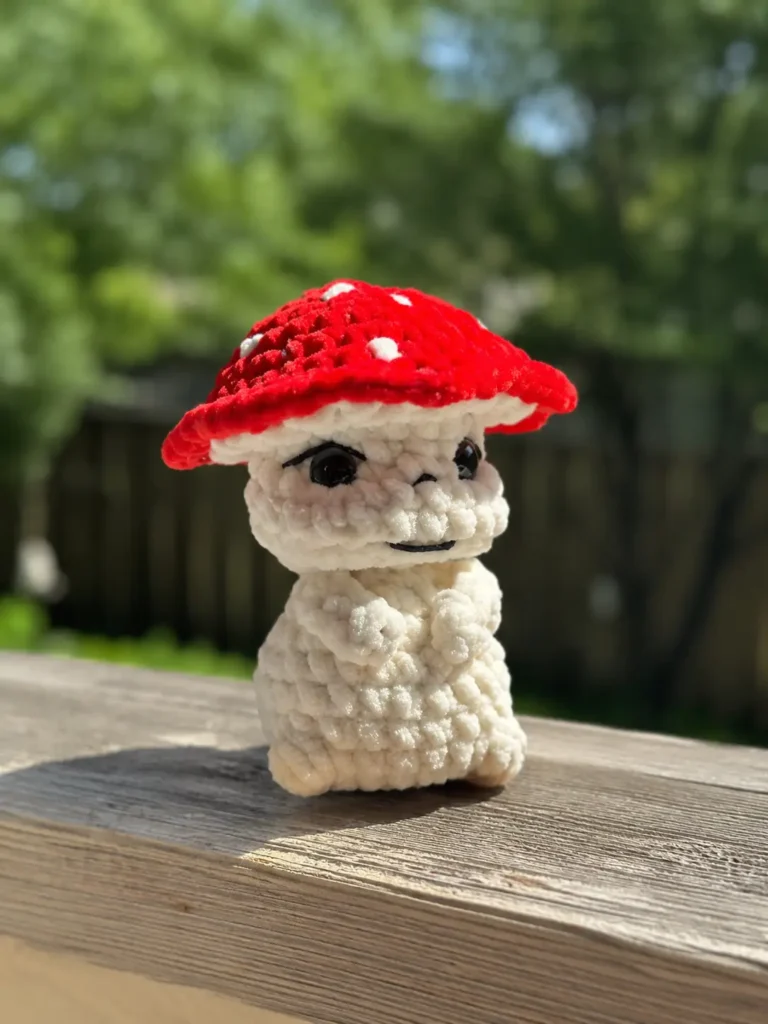Red and white toadstool mushroom amigurumi pattern made with chenille yarn on a wooden railing against green trees.