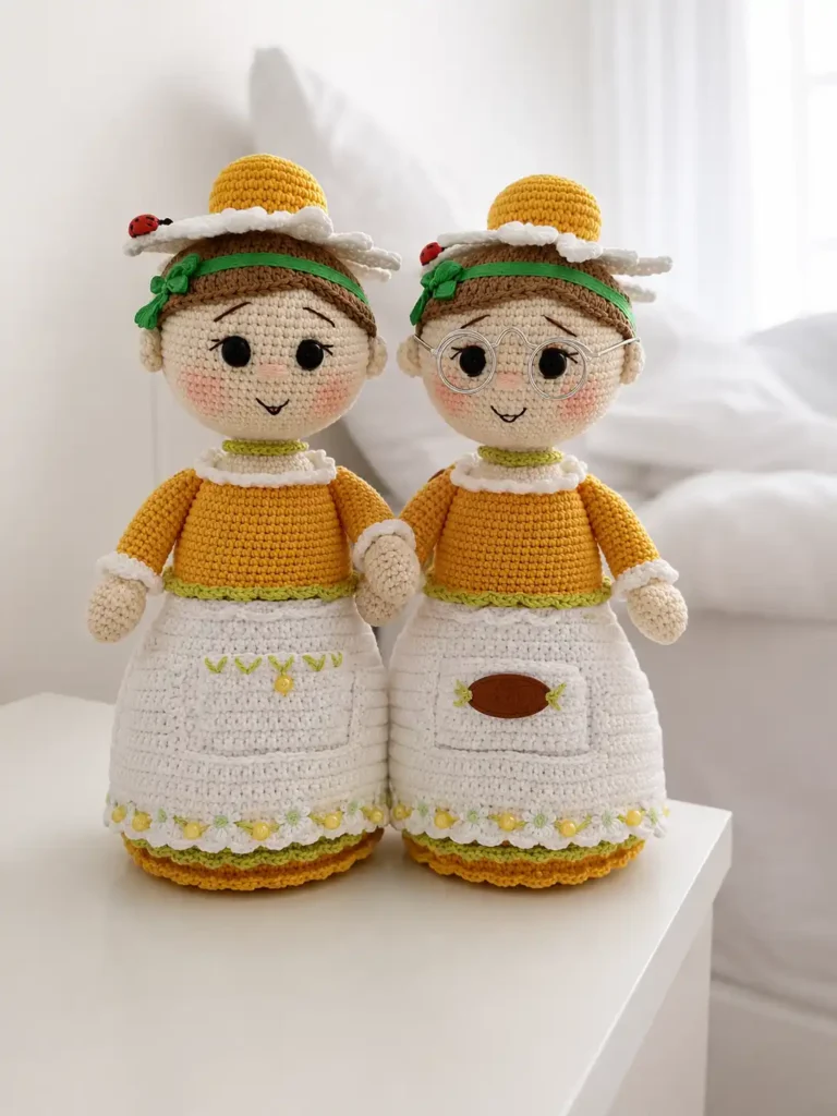 Two yellow and white cotton yarn dolls sit on a desk by a bed, showcasing the chamomile doll amigurumi free pattern.