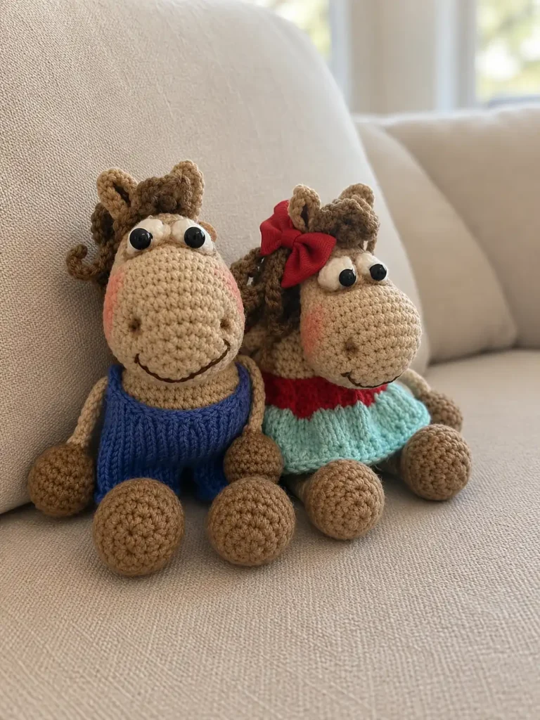 Two crocheted toys from the amigurumi horse free pattern sitting on a beige couch, wearing blue pants and a teal dress.