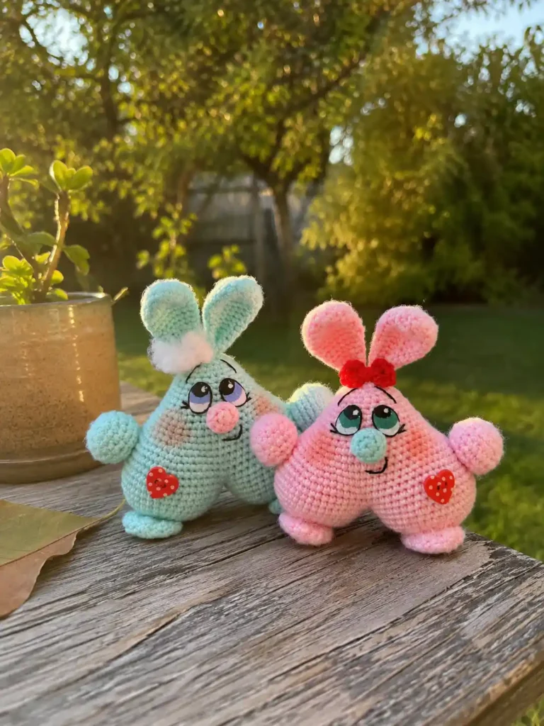 Blue and pink valentine heart Bunnies amigurumi pattern free on an outdoor wood table.