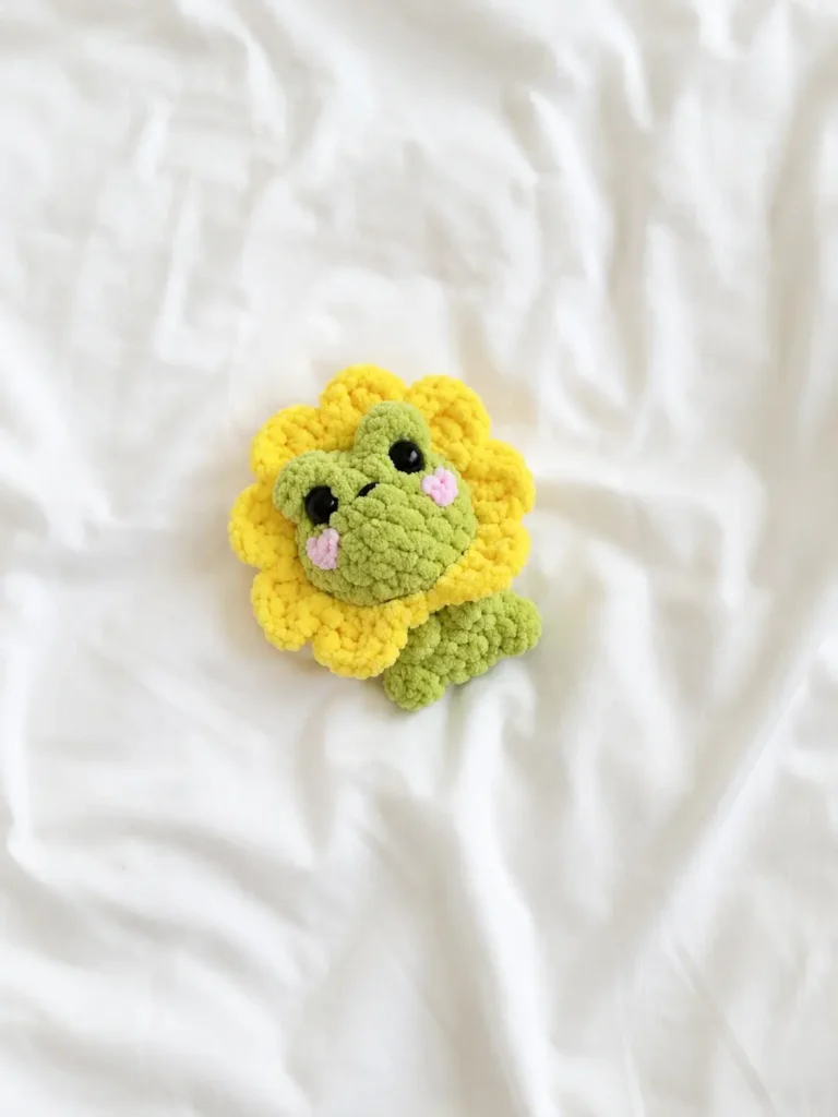 A green chenille mini frog crochet pattern with pink cheeks and a yellow flower collar resting on a wrinkled white sheet.