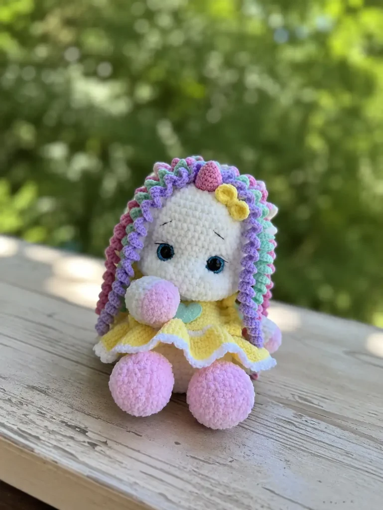 Plush chenille unicorn in a yellow dress sitting on an outdoor wooden ledge. Get our crochet unicorn amigurumi pattern free.