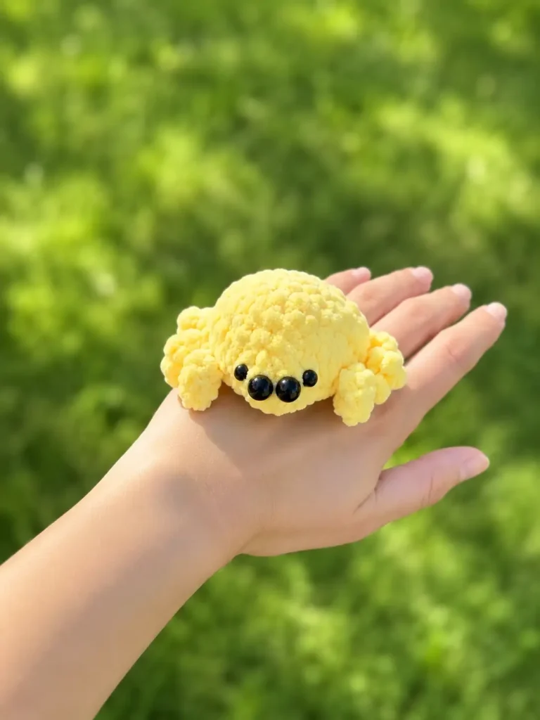 Yellow plush toy from a crochet spider amigurumi free pattern, resting on a hand against a green grass background.