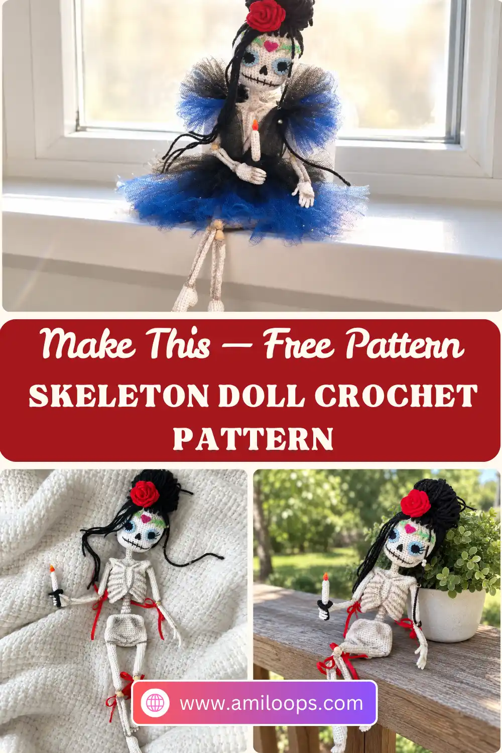 Hand holding a white yarn skeleton doll crochet pattern with red ribbons and a red hair rose against a soft grey couch.