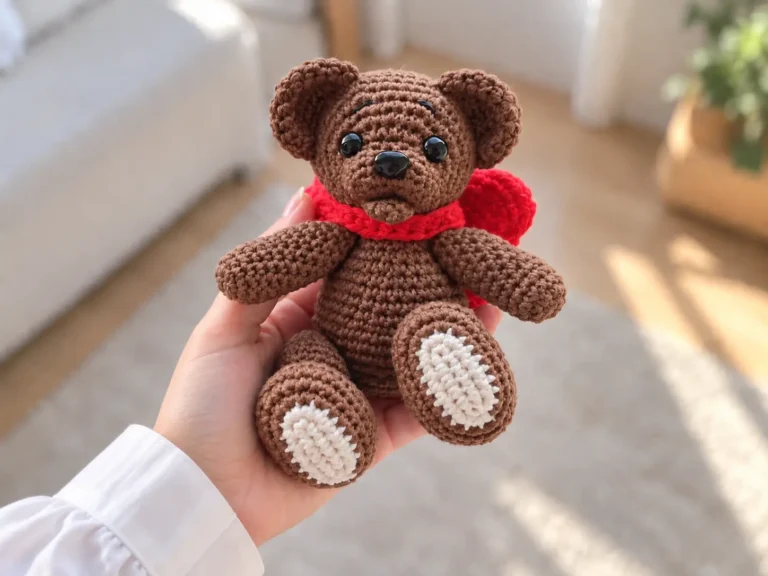 A brown crochet teddy bear amigurumi with cream paw pads and a red bow, held in a hand on a wooden table.