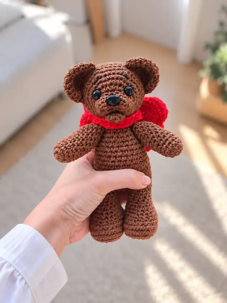 Hand holding a brown crocheted amigurumi cartoon bear with a red bow against a bright indoor room and rug background.