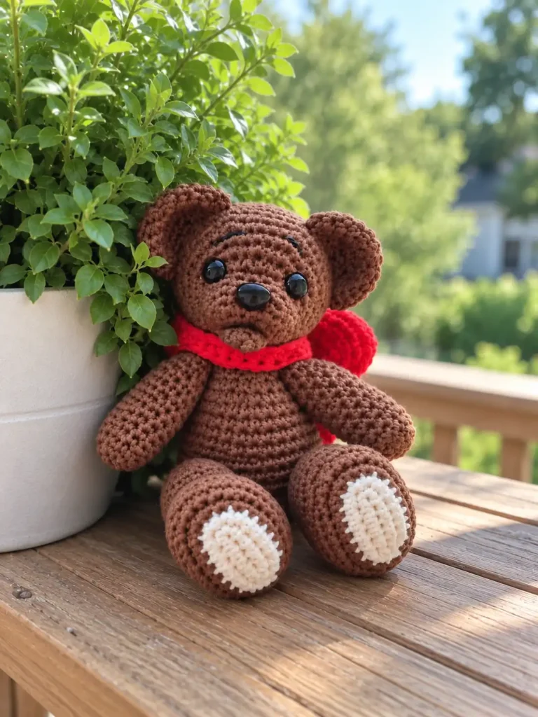 Brown yarn amigurumi cartoon bear with a red scarf sitting on a wood deck beside a green potted plant outdoors.