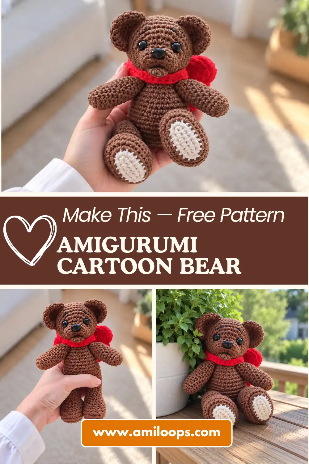 A cute brown amigurumi cartoon bear with a red scarf sitting on a wooden table, gently held by a hand in a bright room.
