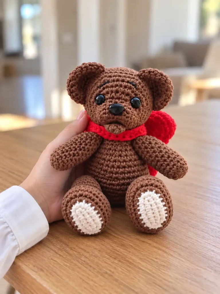 Hand supporting a brown yarn amigurumi cartoon bear with a red scarf and beige foot soles on a bright indoor wood table.
