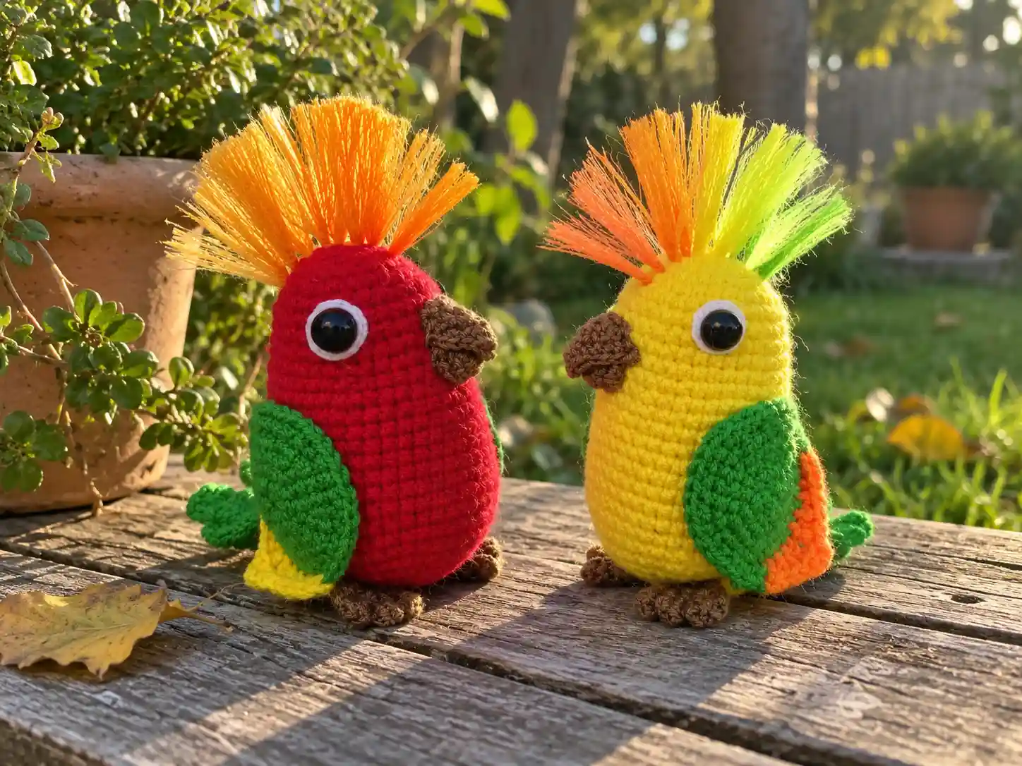 Two crochet parrot amigurumi in red and yellow with green wings and orange ribbon crests, sitting in grass.