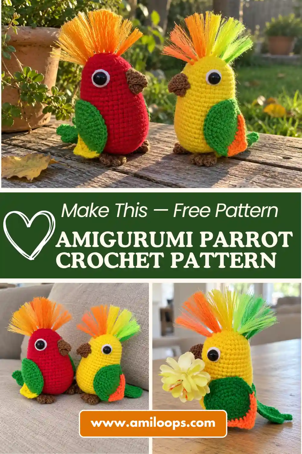 Colorful amigurumi parrot crochet toys in red and yellow yarn with green wings sitting outdoors in green grass.