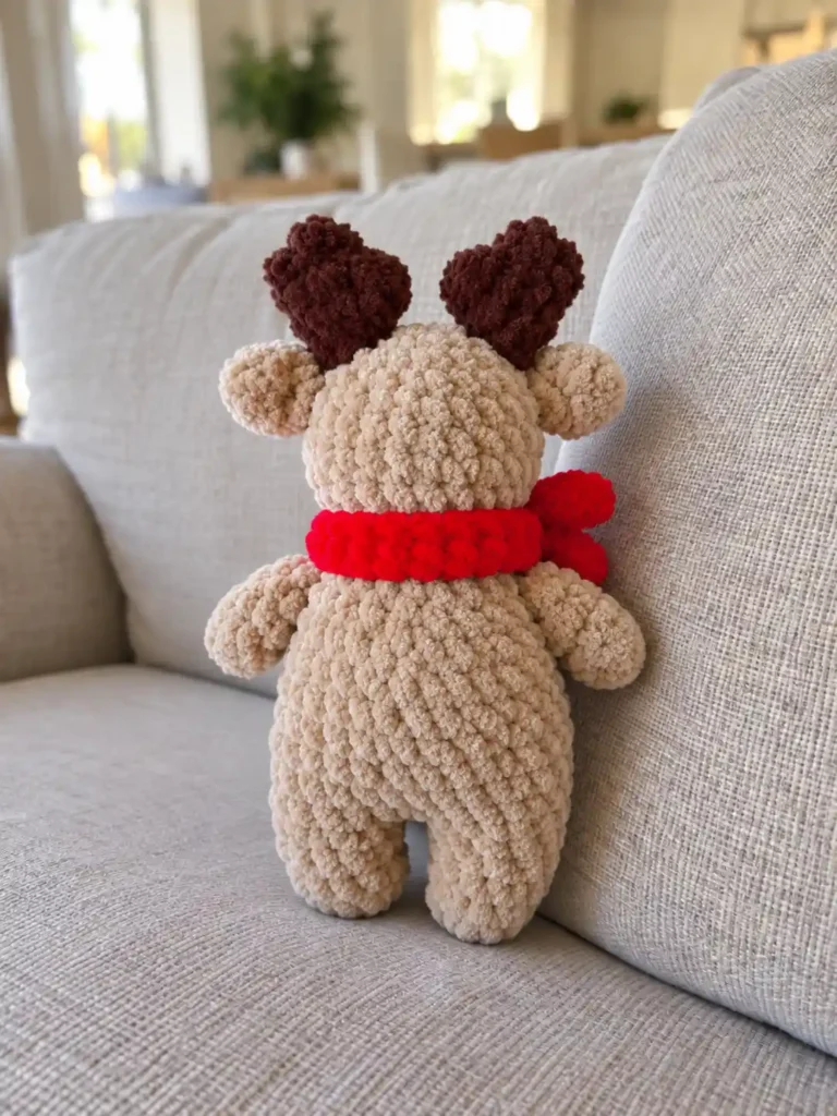 Back view of the beige chenille toy from a deer in a scarf crochet pattern on a grey couch, showing the red scarf knot.