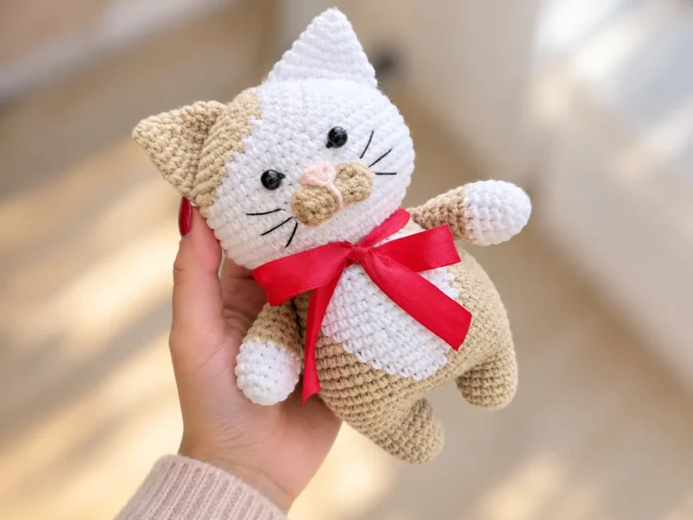 A hand holding a tan and white crochet cat amigurumi with a red ribbon bow, with two more photos on a couch and in grass.