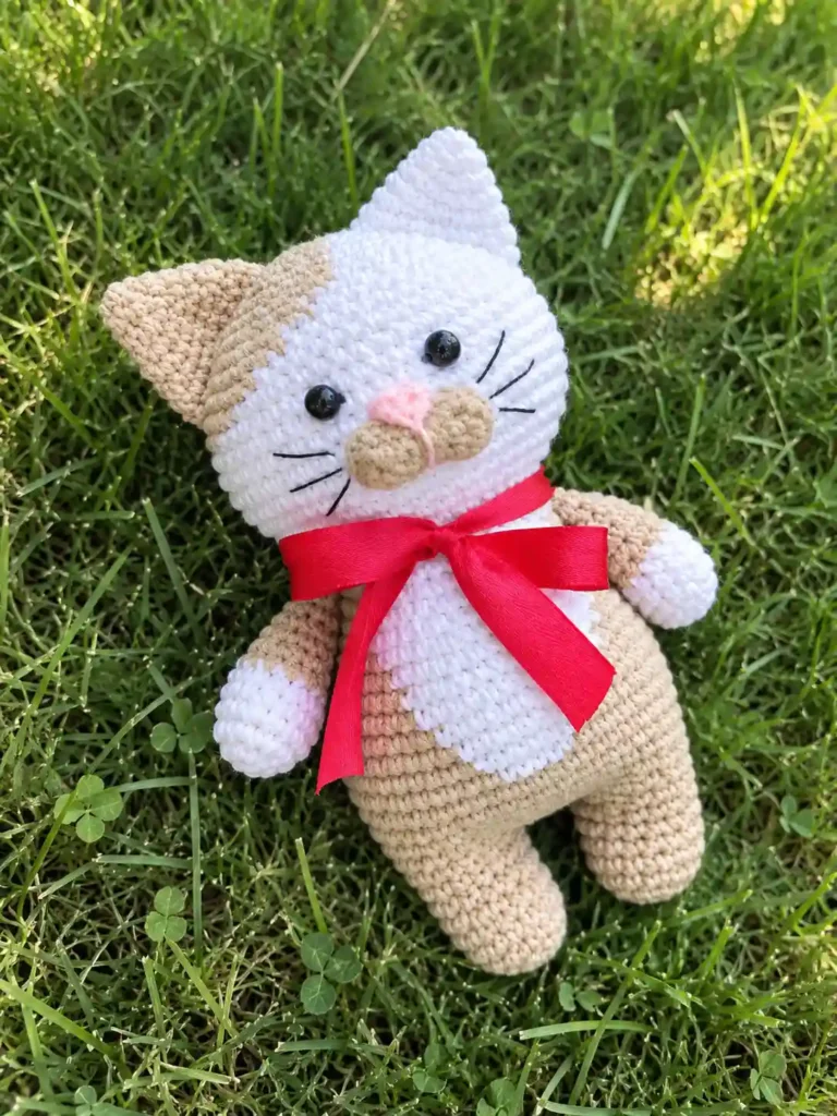 Finished Barsik the cat amigurumi pattern made of beige and white yarn with a red bow lying on green grass.