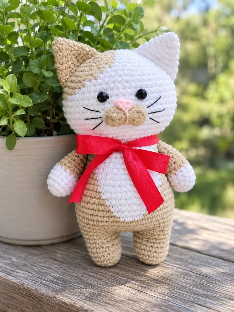 Beige and white Barsik the cat amigurumi pattern with a red ribbon standing on a wooden table next to a potted plant.