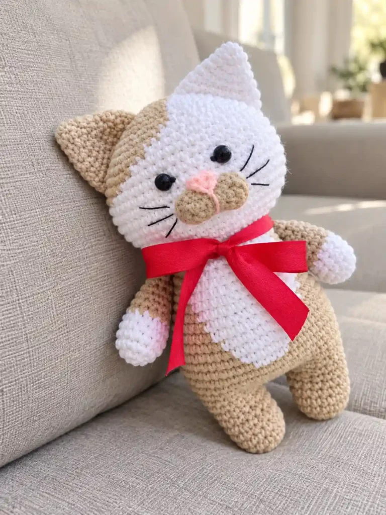 Beige and white Barsik the cat amigurumi pattern with a red bow resting against a light beige sofa.