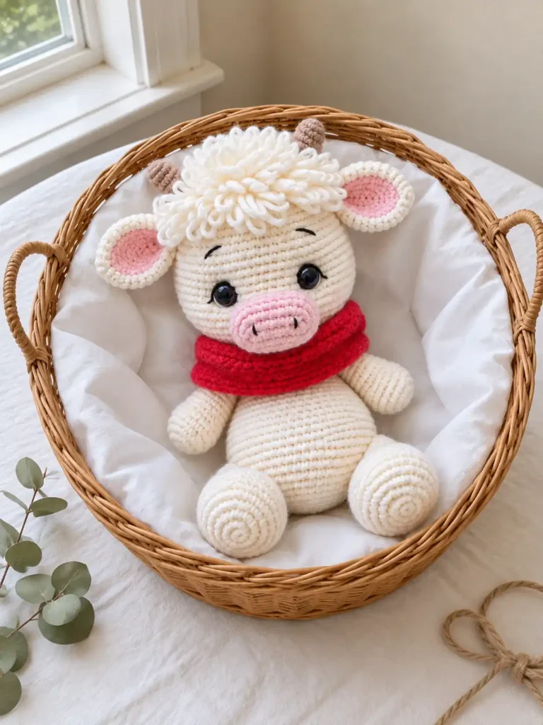 White yarn crochet calf amigurumi pattern wearing a red scarf resting inside a round wicker basket lined with white cloth.