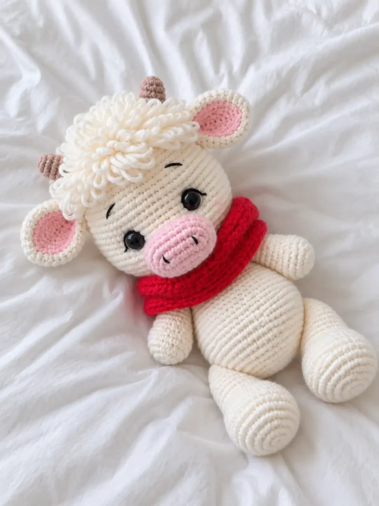 White yarn crochet calf amigurumi pattern with a red knitted scarf lying flat on soft wrinkled white bedding fabric.