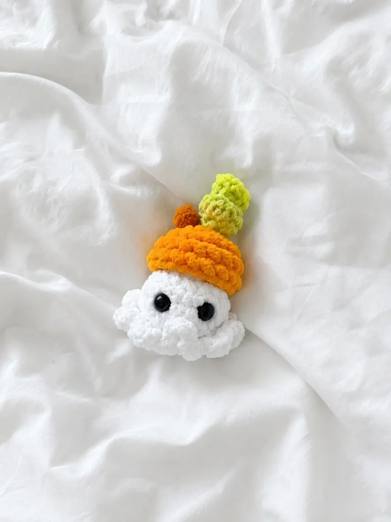 A soft white ghost amigurumi pattern plush toy wearing an orange pumpkin hat, resting on wrinkled white bedsheets.