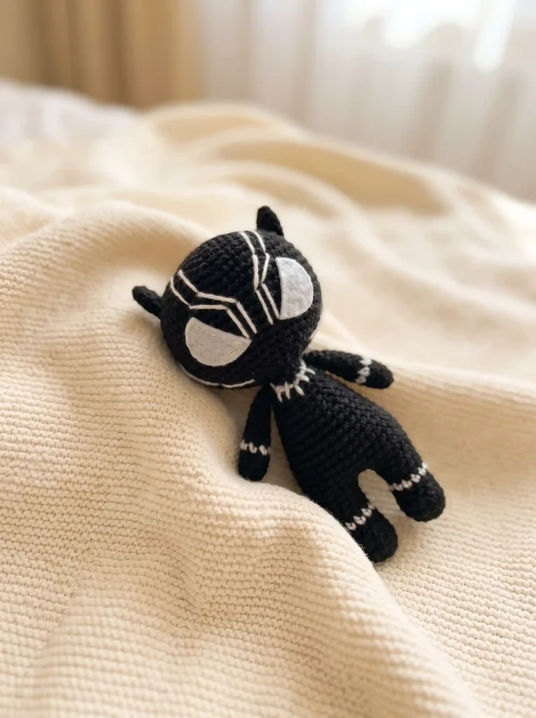 Crocheted black panther amigurumi with white mask details resting on a cream knit blanket.