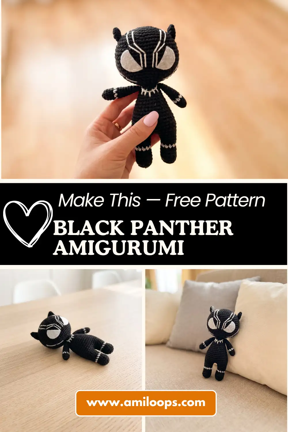 Black yarn black panther amigurumi with white mask embroidery resting on a textured cream knit blanket.