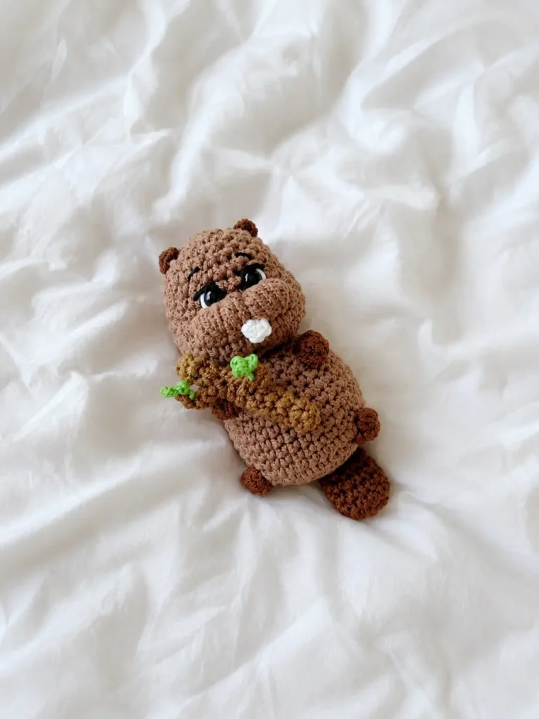 Brown crochet beaver toy holding a log lying flat on white fabric from the Bobyor crochet pattern.