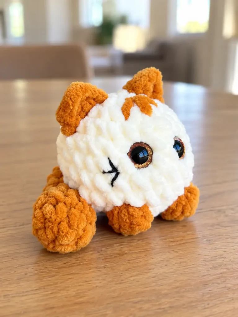 A finished kitten amigurumi pattern made of white and brown plush yarn sitting on a wooden table in a living room.
