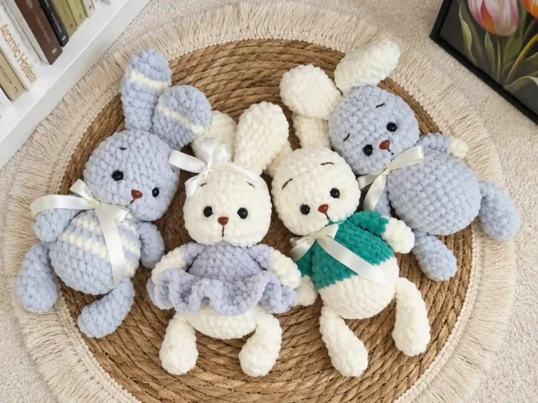 Four chunky yarn amigurumi toys on a woven mat, including one from a bunny in a sweater crochet pattern in green.