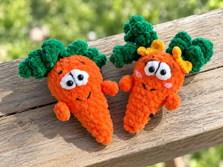 Two orange plush chenille carrot amigurumi pattern toys with green tops resting on a wooden plank outdoors.