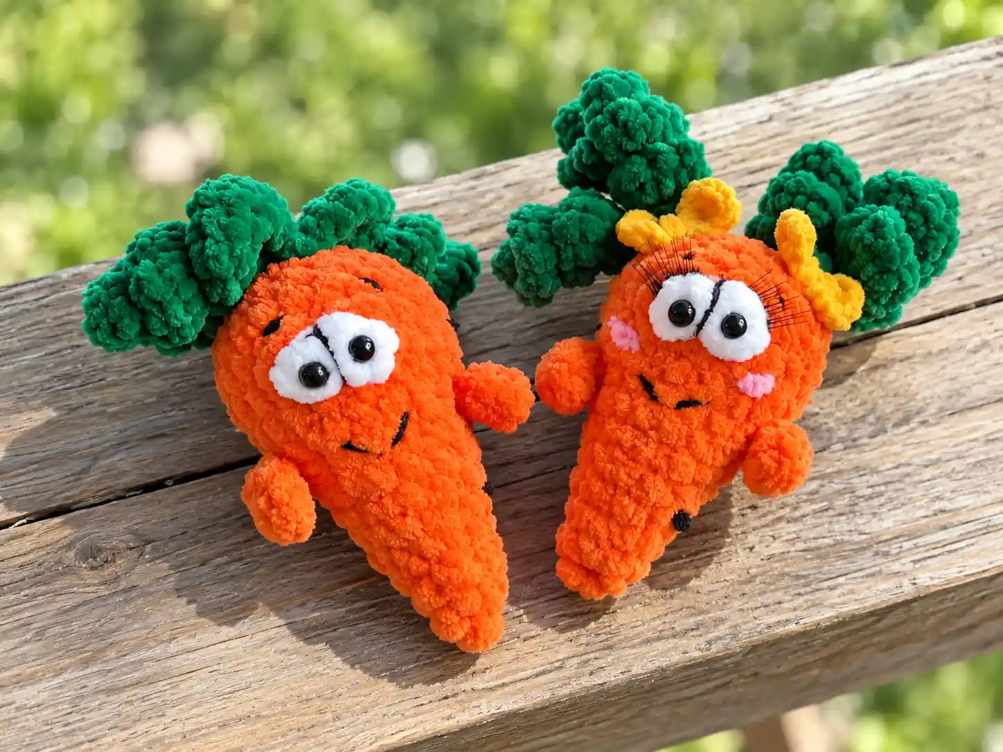 Two orange plush chenille carrot amigurumi pattern toys with green tops resting on a wooden plank outdoors.