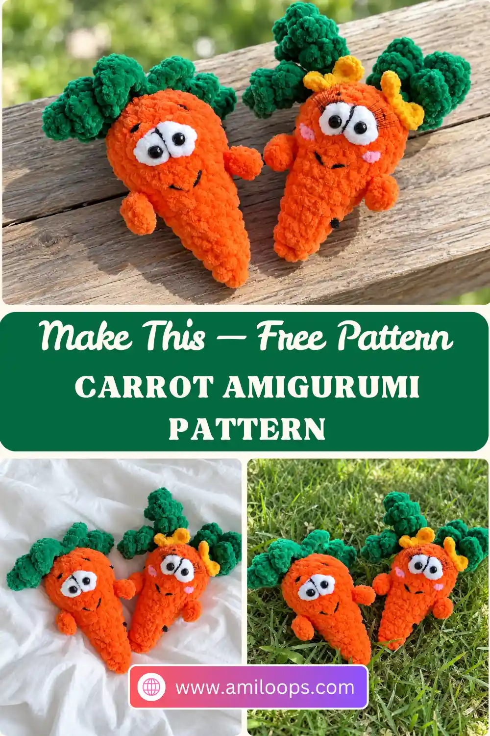 Collage of two crochet carrot amigurumi, one with a yellow bow, posed on a wooden rail, white fabric and green grass.